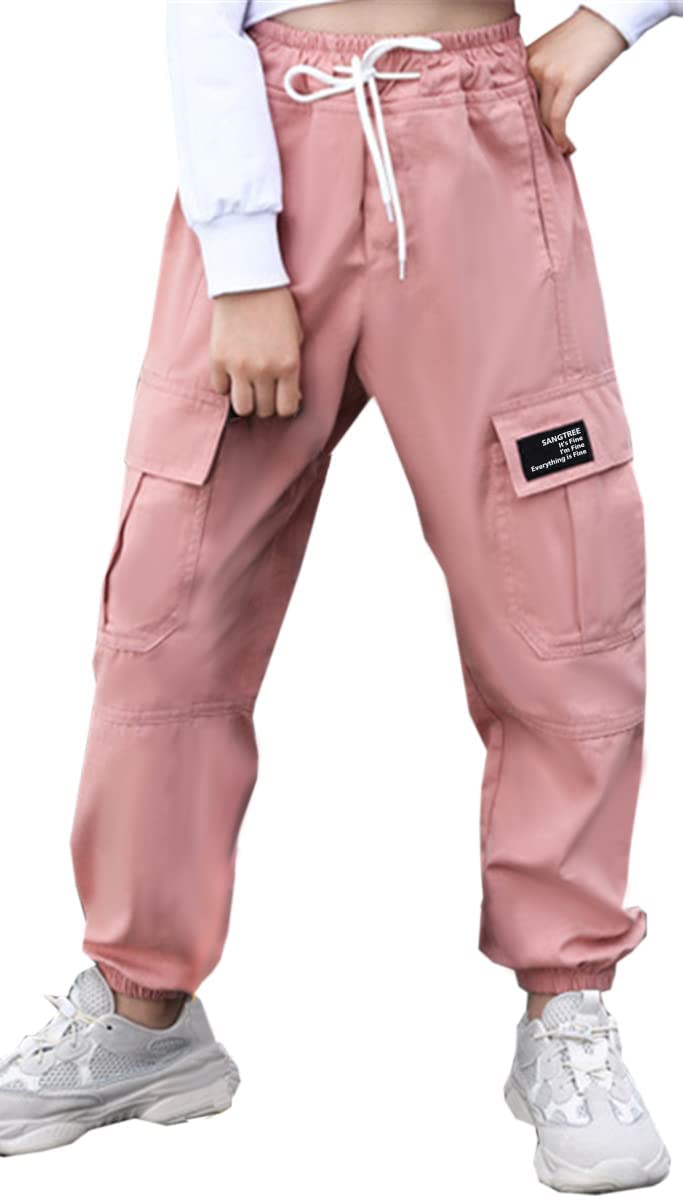 SANGTREE Girls Cargo Pants, Elastic Waist Drawstring Loose Tapered Multi Pockets Cargo Jogger Pants for Girl, Pink, 11-12 Years Big Kid = Tag 160 - Image 4